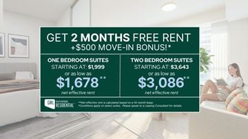 Toronto apartment for rent - A woman is sitting on a couch in a room with a sign offering free rent for 2 months and a $500 move-in bonus.
