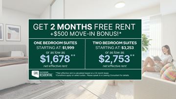 Toronto apartment for rent - A promotional image for GWL Residential offering free rent for two months and a $500 move-in bonus.
