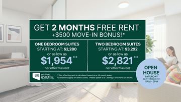 Toronto apartment for rent - A promotional image for GWL Residential offering free rent for two months and a $500 move-in bonus.
