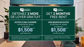 Montreal apartment for rent - A promotional image for GWL Residential offering 2 months free rent on one bedroom suites.