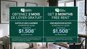 Montreal apartment for rent - A promotional image for GWL Residential offering 2 months free rent on one bedroom suites.