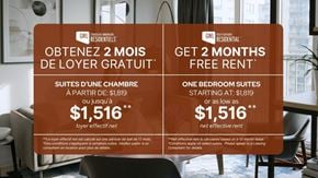 Montreal apartment for rent - An advertisement for GWL Residential offering 2 months free rent for one bedroom suites.