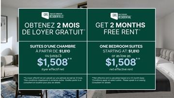 Montreal apartment for rent - A promotional image for GWL Residential offering 2 months free rent on select suites.