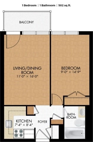 Floor plan for 1 bed, 1 bath, 790 sqft