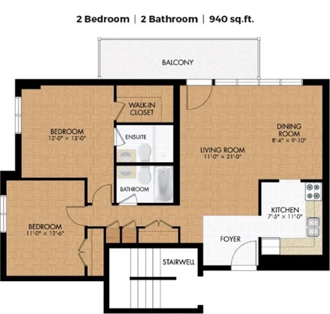 Floor plan for 2 beds, 2 baths, 940 sqft