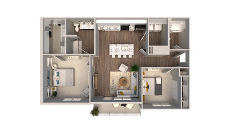 Floor plan for 2 beds, 2 baths, 1073 sqft