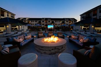 Lush courtyard with outdoor movie screen