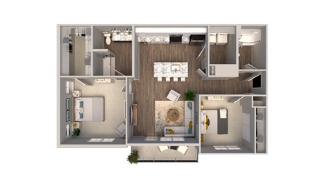 Floor plan for 2 beds, 2 baths, 1073 sqft