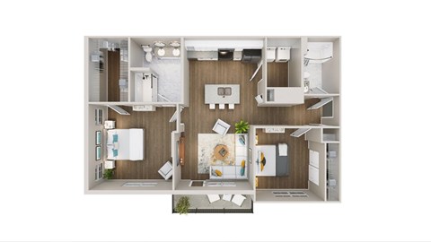 Floor plan for 2 beds, 2 baths, 1073 sqft