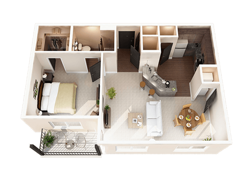 Floor plan for 1 bed, 1 bath, 838 sqft