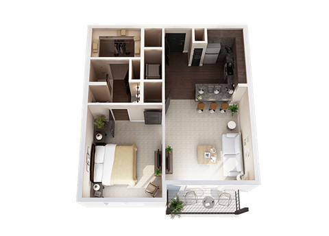Floor plan for 1 bed, 1 bath, 728 sqft