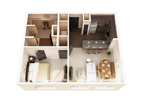 Floor plan for 1 bed, 1 bath, 754 sqft