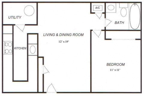 Floor plan for 1 bed, 1 bath, 616 sqft