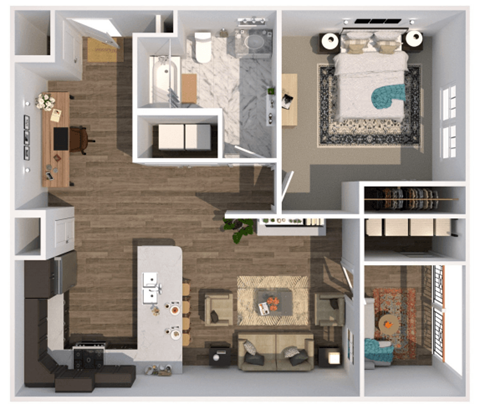 Floor plan for 1 bed, 1 bath, 768 sqft