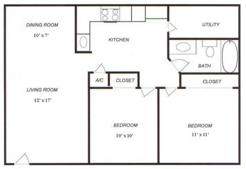 Floor plan for 2 beds, 1 bath, 1124 sqft