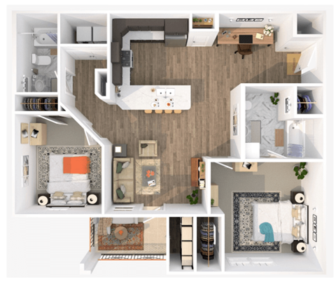 Floor plan for 2 beds, 2 baths, 1031 sqft
