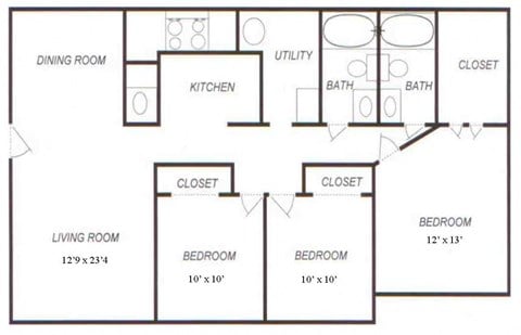 Floor plan for 3 beds, 2 baths, 1068 sqft