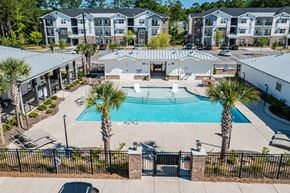 Summerville apartment for rent - A swimming pool surrounded by palm trees and a black fence.