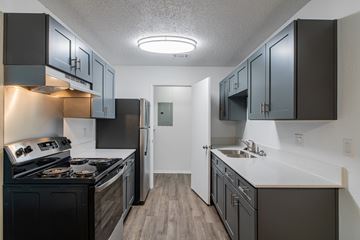 Mckinney apartment for rent - A kitchen with black cabinets and stainless steel appliances.