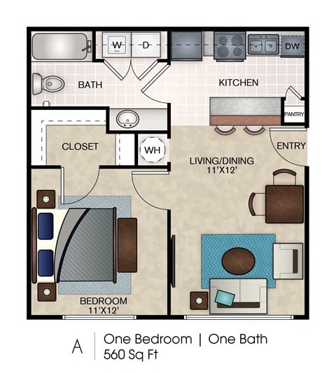 Floor plan for 1 bed, 1 bath, 560 sqft