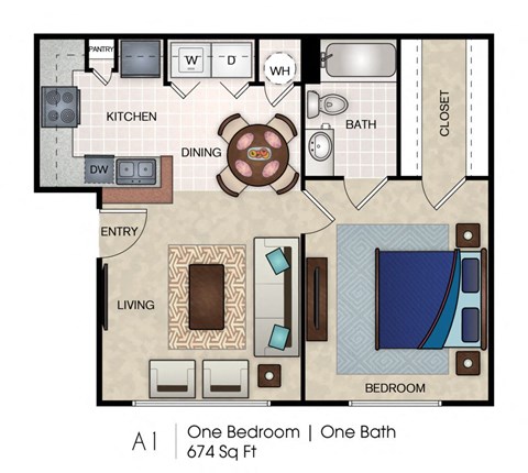 Floor plan for 1 bed, 1 bath, 674 sqft
