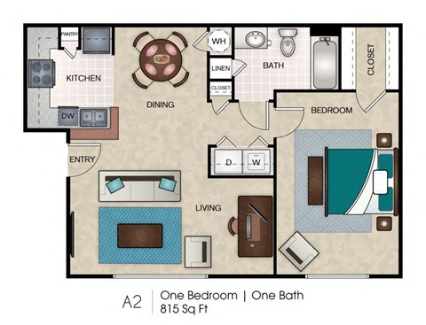 Floor plan for 1 bed, 1 bath, 815 sqft