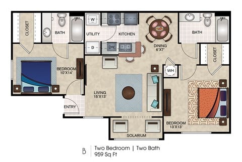 Floor plan for 2 beds, 2 baths, 959 sqft