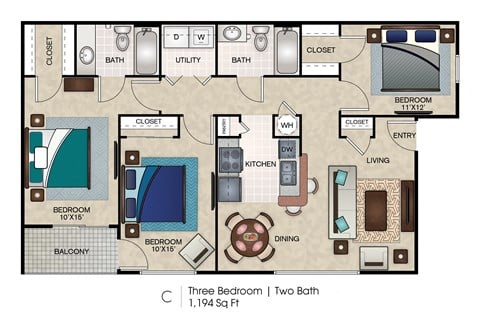 Floor plan for 3 beds, 2 baths, 1194 sqft