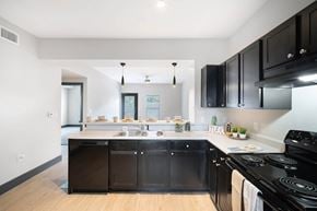 Austin apartment for rent - a kitchen with black cabinets and a black stove and a sink