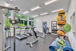 Savannah apartment for rent - A gym with a variety of equipment including treadmills, weights, and exercise balls.