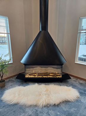 Alexandria apartment for rent - A black wood stove in a room with a white furry rug in front of it.