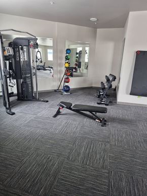 New York Mills apartment for rent - A gym with a variety of equipment including a treadmill, weights, and a bench press.
