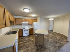Fergus Falls apartment for rent - A kitchen with wooden cabinets and a white refrigerator.