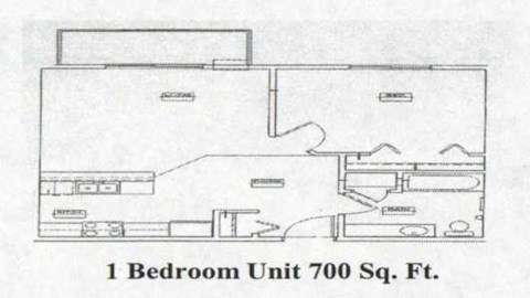 Floor plan for 1 bed, 1 bath, 700 sqft