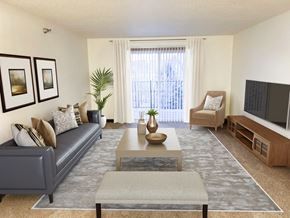 Byron apartment for rent - A living room with a grey couch, a coffee table, and a television.