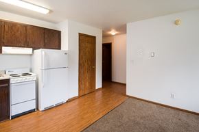 Milaca apartment for rent - A kitchen with white appliances and wooden cabinets.