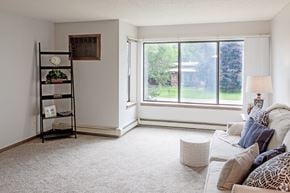 St Cloud apartment for rent - A living room with a white couch and a window overlooking a green area.