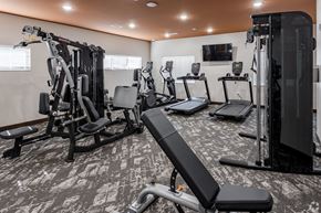 Monticello apartment for rent - a gym with cardio equipment and a tv in the ceiling