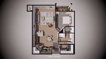 Alexandria apartment for rent - A floor plan of an apartment with a kitchen, living room, and two bedrooms.