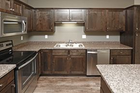 St Cloud apartment for rent - a kitchen with wooden cabinets and stainless steel appliances