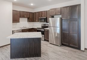 Hastings apartment for rent - a kitchen with stainless steel appliances and wooden cabinets