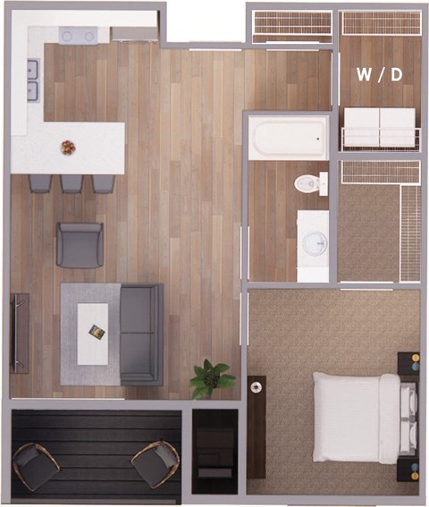 Floor plan for 1 bed, 1 bath, 898 sqft