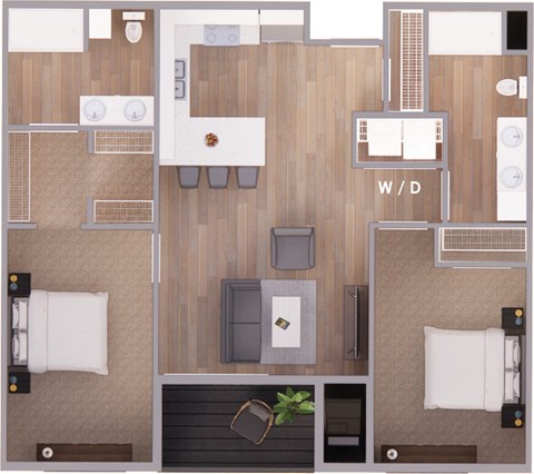 Floor plan for 2 beds, 2 baths, 1095 sqft