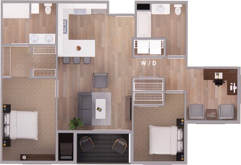 Floor plan for 2 beds, 2 baths, 1235 sqft