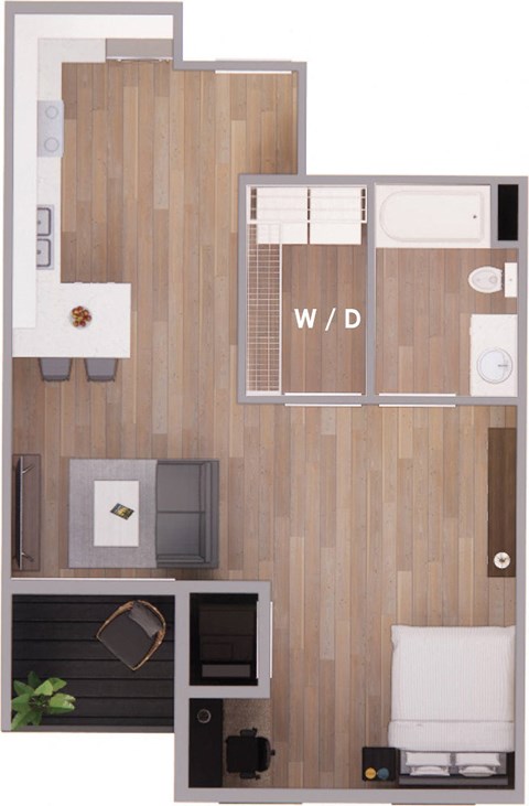 Floor plan for studio, 1 bath, 644 sqft