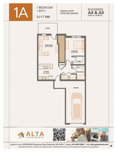 Floor plan for 1 bed, 1 bath, 765 sqft