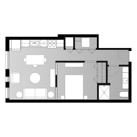 Floor plan for 1 bed, 1 bath, 620 sqft