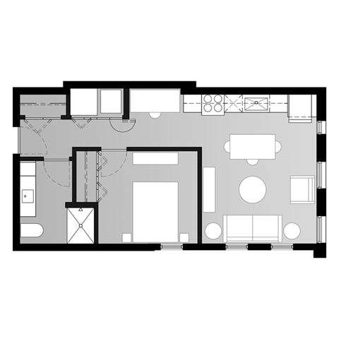 Floor plan for 1 bed, 1 bath, 630 sqft