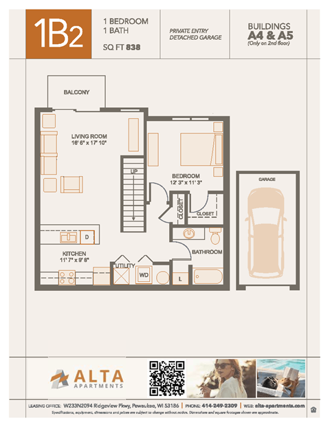 Floor plan for 1 bed, 1 bath, 838 sqft