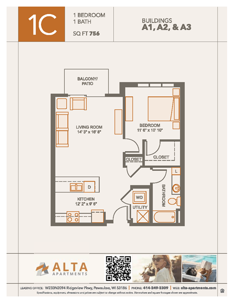 Floor plan for 1 bed, 1 bath, 756 sqft